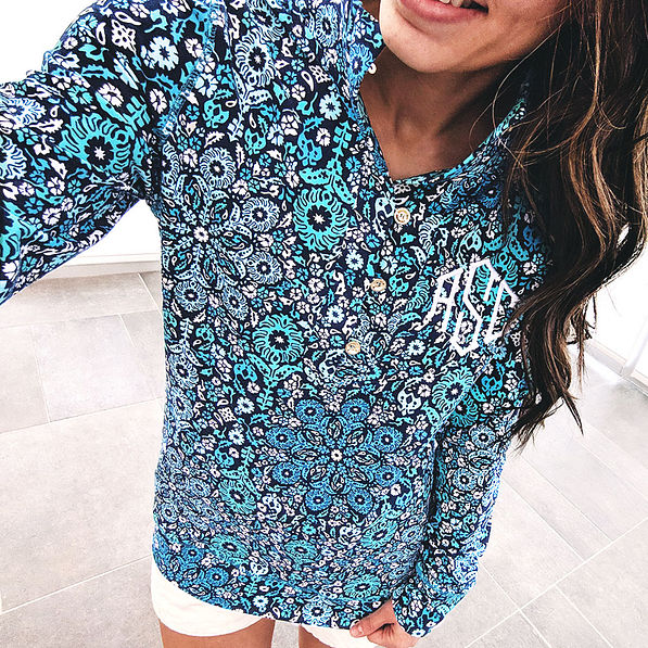selfie in monogrammed printed pullover