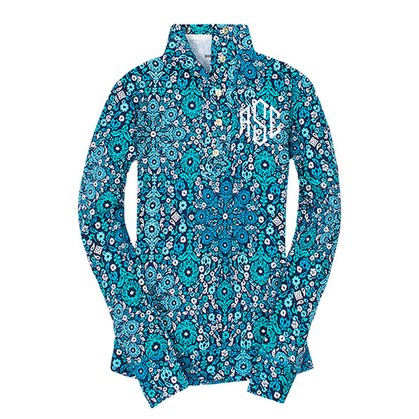 blue monogrammed placket patterned half button pullover