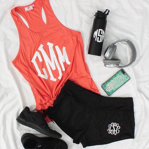 monogrammed black shorts with monogrammed tank top