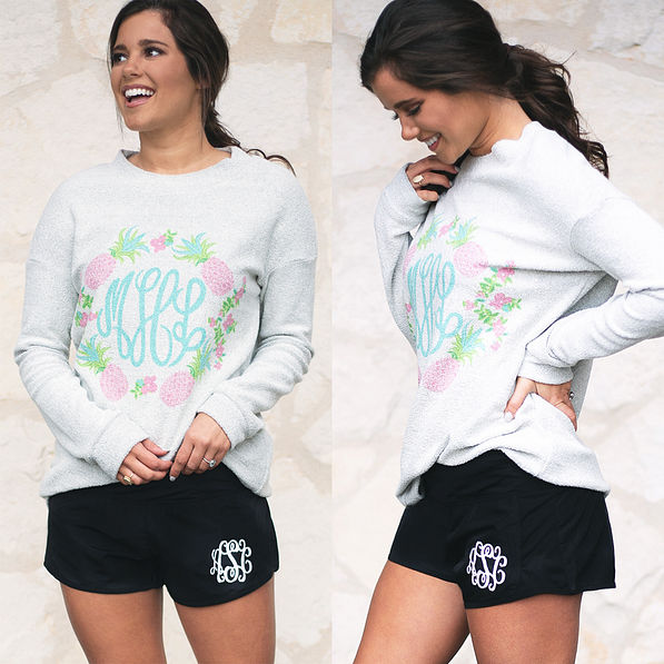 monogrammed athletic shorts in black with terry pullover