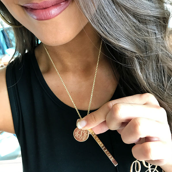 gold proverbs monogrammed necklace with black tank selfie