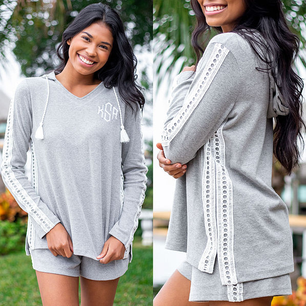 front and side of personalized gray lounge set with eyelet detailing