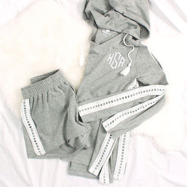 personalized lounge hoodie set with crochet lining