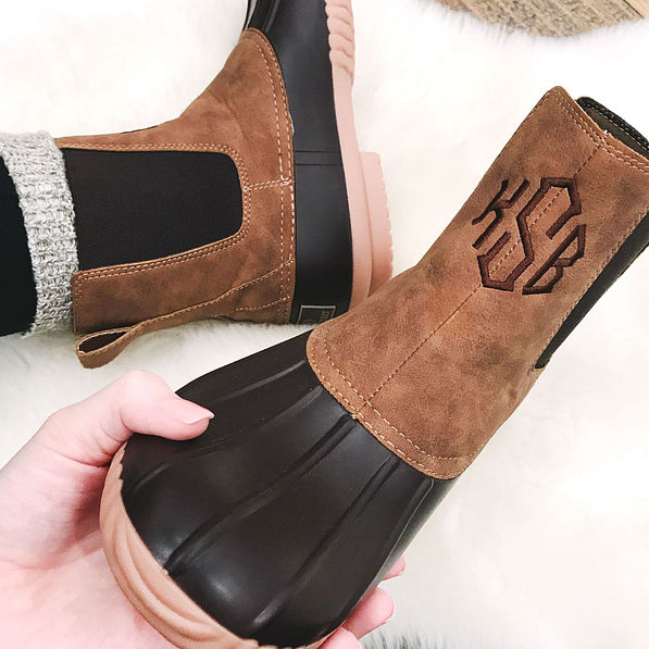 brown monogrammed pull on duck boots