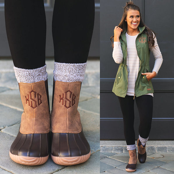 monogrammed pull on duck boots with monogrammed utility vest