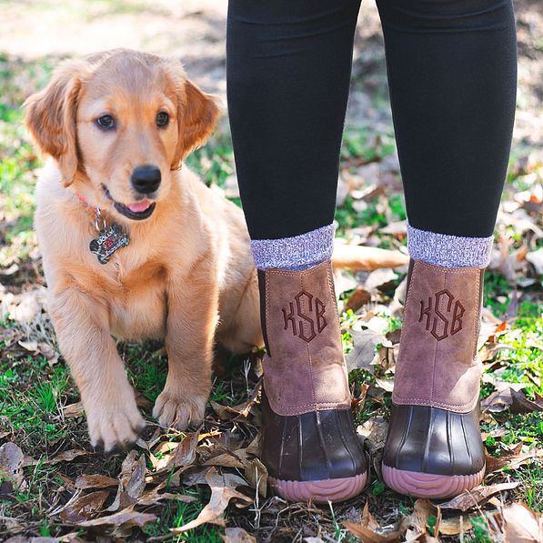 monogrammed pull on duck boots with puppy