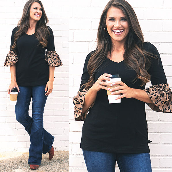 Nonmonogrammed bell sleeve top with flare jeans