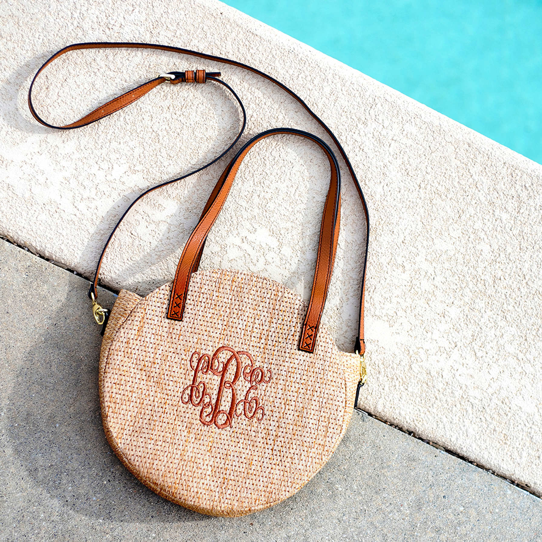 Monogrammed Round Straw Crossbody Bag - Personalized Bags