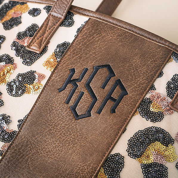 up close detail of leopard sequin tote bag