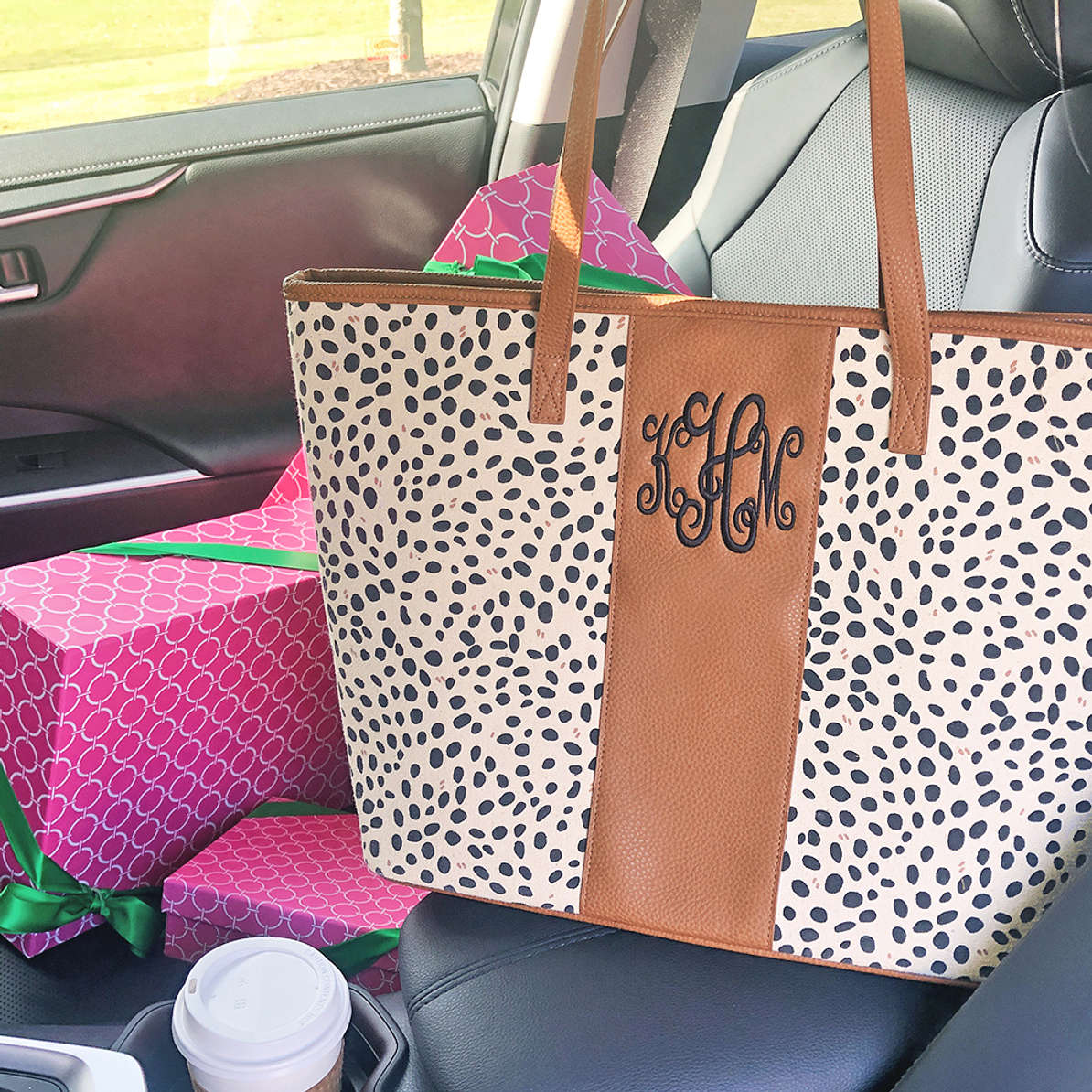 leopard monogram tote