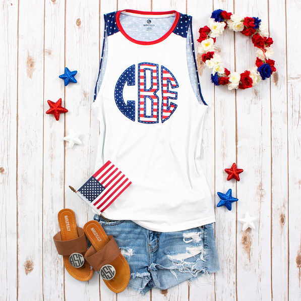 monogrammed americana poolside tank with denim shorts and monogrammed sandals