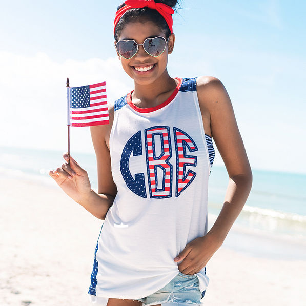 monogrammed tank top with stars and stripes at the beach