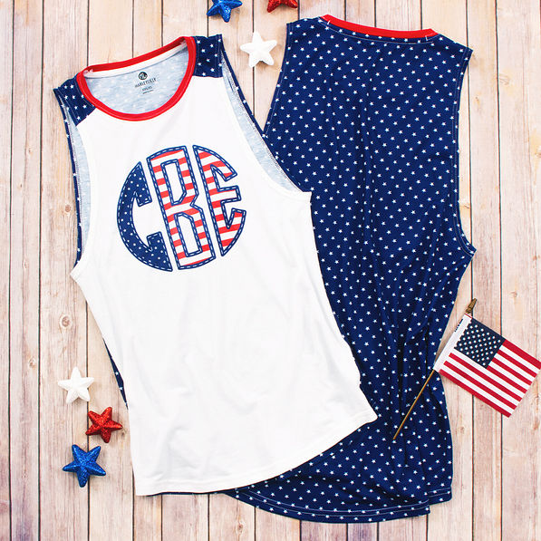 front and back of monogrammed americana tank top with stars on back