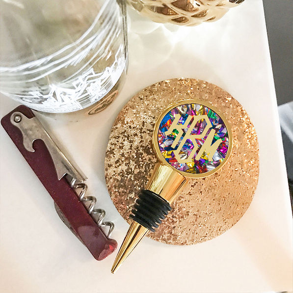 monogrammed confetti wine stopper with gold coaster and wine opener