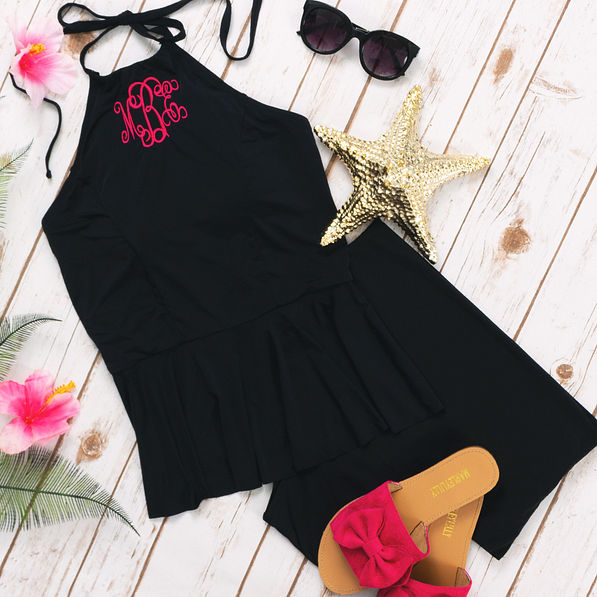monogrammed tankini bathing suit with high waist bottoms and pink slide on sandals