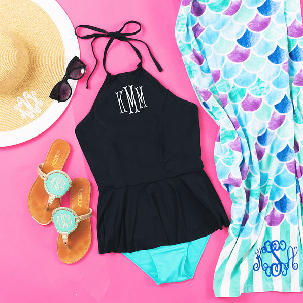 monogrammed peplum tankini top with mint bottoms and mermaid beach towel