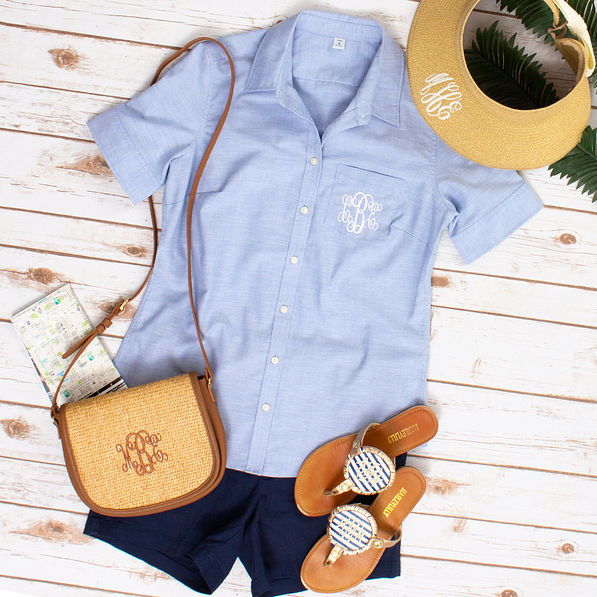 cute outfit with monogrammed button down and navy shorts