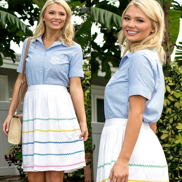 monogrammed button down top with ric rac skirt