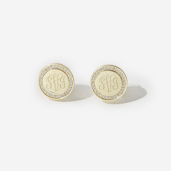 Monogrammed Pave Disc Earrings in Gold