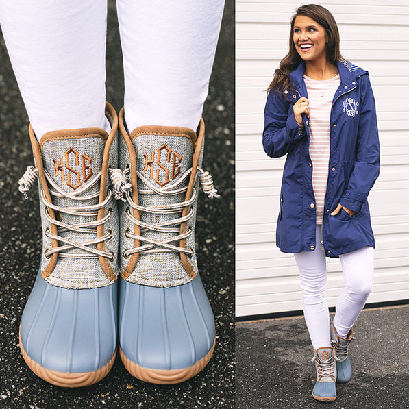 monogrammed slate duck boots with monogrammed rain jacket