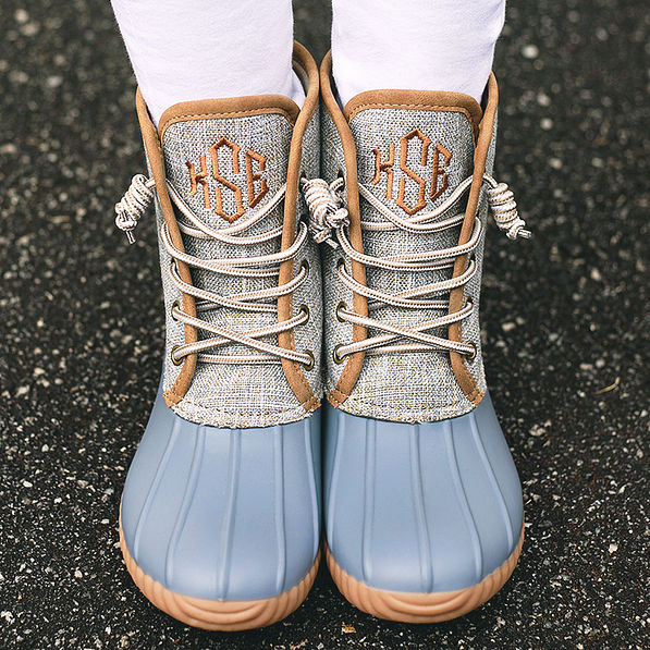 monogrammed slate duck boots with white pants