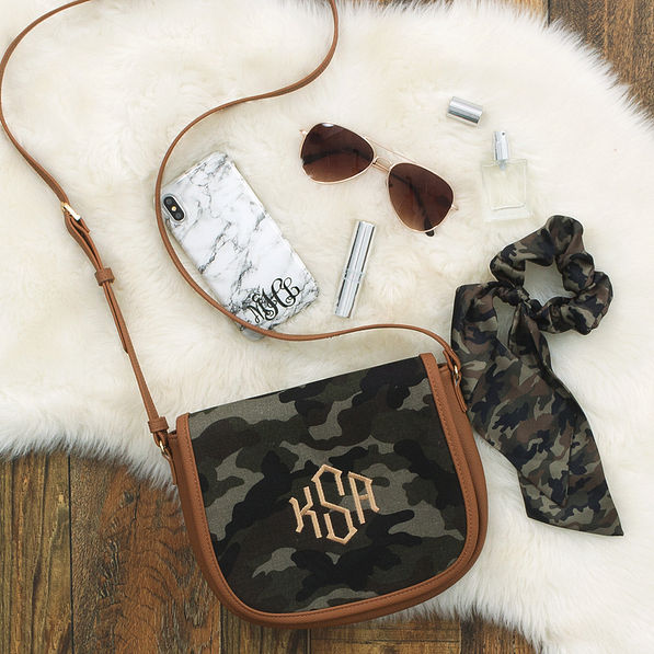 camo extra flap with iphone and scrunchie scarf