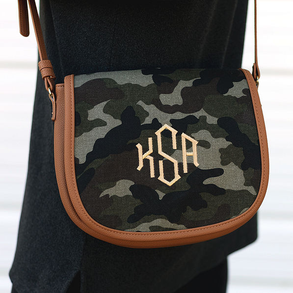 close up of monogrammed camo extra flap