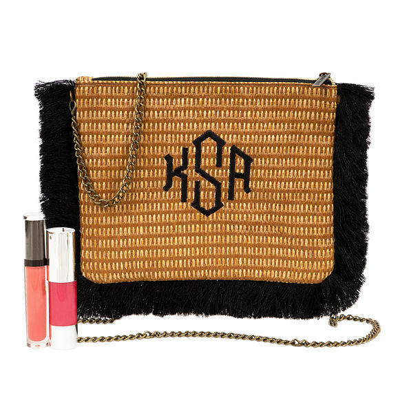 monogrammed straw fringe clutch