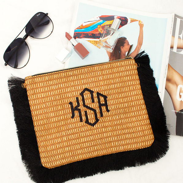 flat lay of straw clutch with sunglasses and magazine