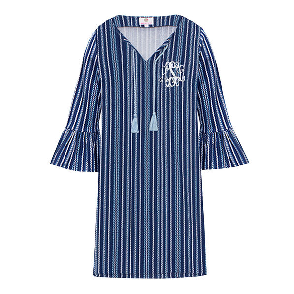 blue striped monogrammed bell sleeve dress with tassels