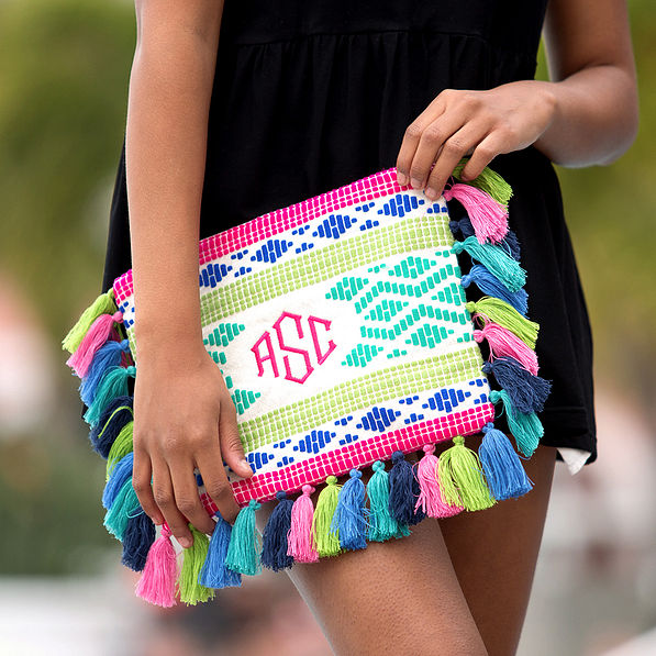 monogrammed geo clutch with colorful tassels