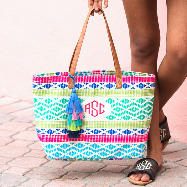 monogrammed geometric print tote in bright colors with tassel