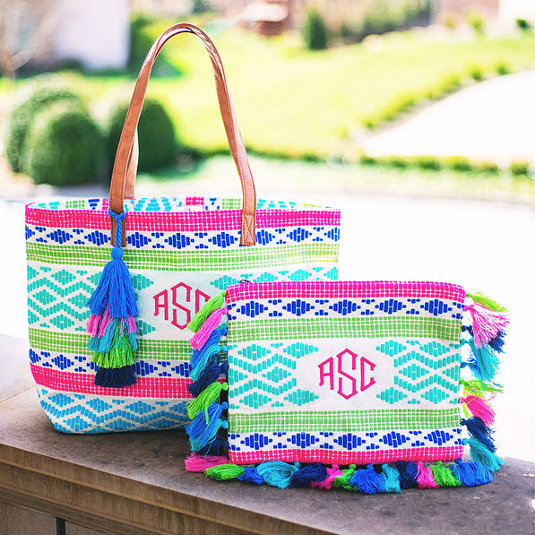 matching monogrammed geometric print tote and clutch in bright colors