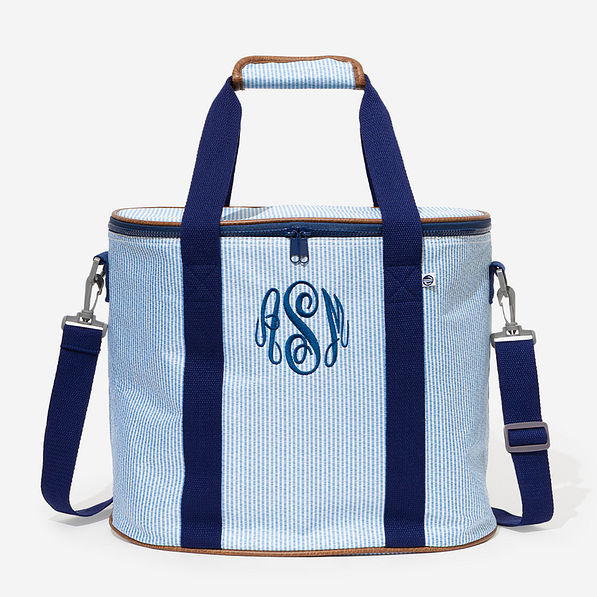 monogrammed cooler in navy seersucker