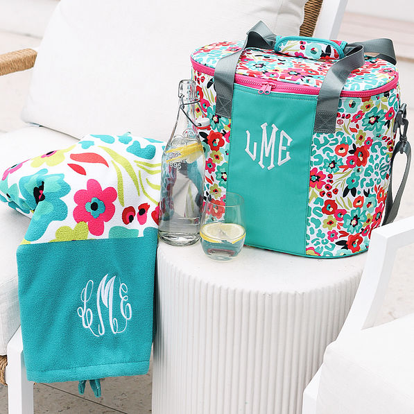 monogrammed cooler and beach towel in wild blooms