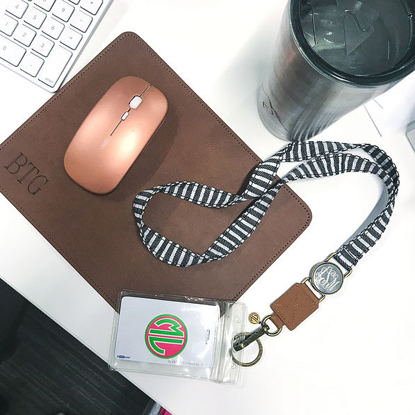 monogrammed lanyard with personalized leather mouse pad