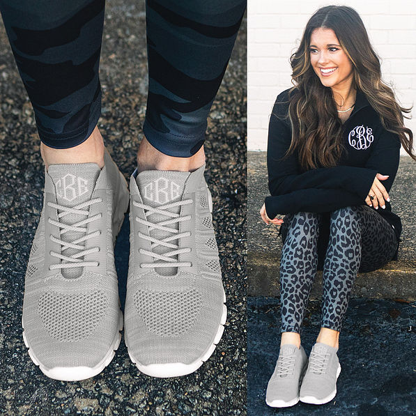 light gray athleisure sneakers split image