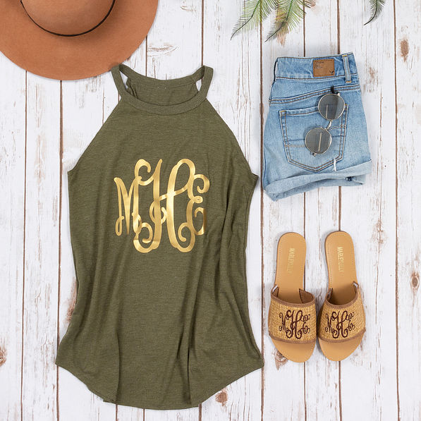 straw monogrammed velcro topper sandals outfit with high neck olive tank and jean shorts
