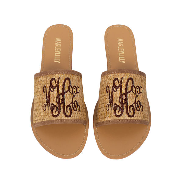 straw monogrammed tan sandals