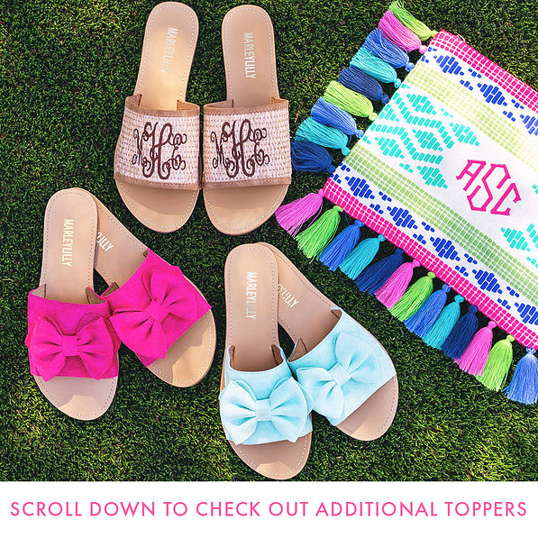 monogrammed slide sandals with bow toppers and monogrammed tropical clutch