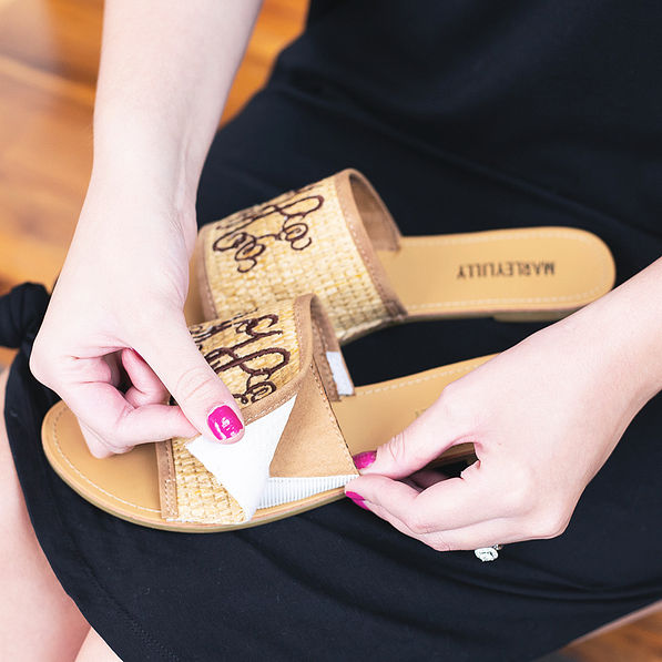 removable velcro toppers on monogrammed slide sandals