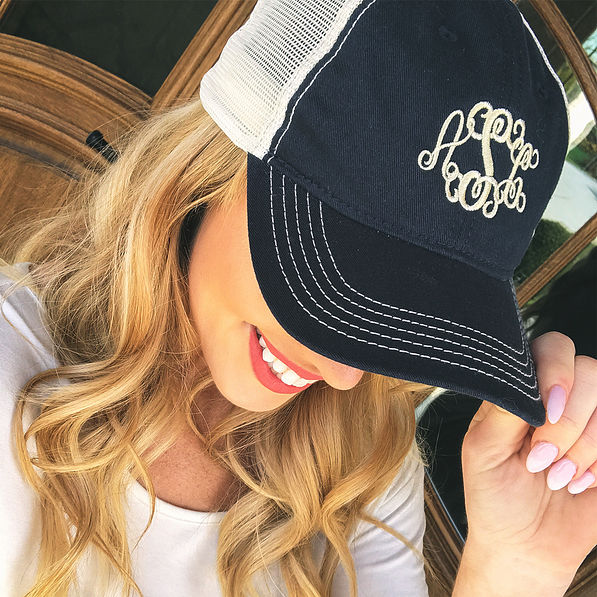 navy monogrammed snapback baseball hat on blonde selfie