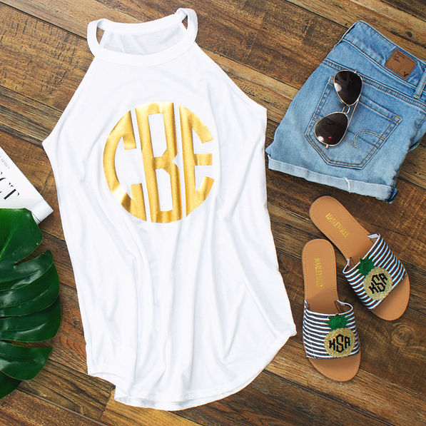 monogrammed pineapple sandals with monogrammed high neck tank top