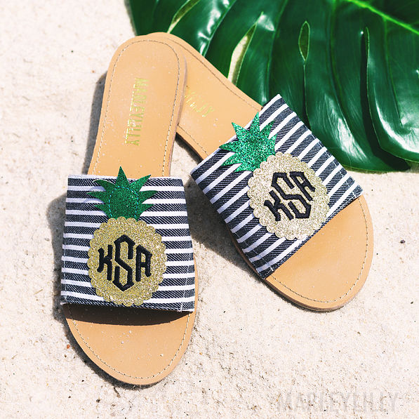 monogrammed pineapple toppers for slide sandals on beach sand