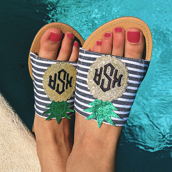 monogrammed sparkle pineapple sandal toppers by the pool
