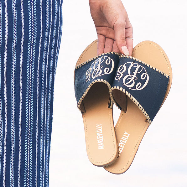 monogrammed navy and gold whipstitch toppers for velcro sandals