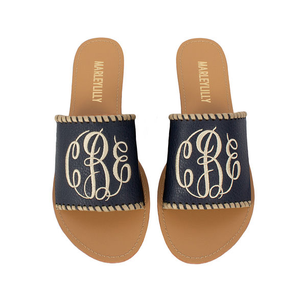 navy blue whipstitch monogrammed topper sandals