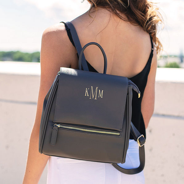 monogrammed charcoal mini backpack over shoulder
