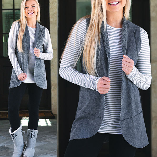 gray reversible sherpa vest with striped tunic and leggings and sherpa boots