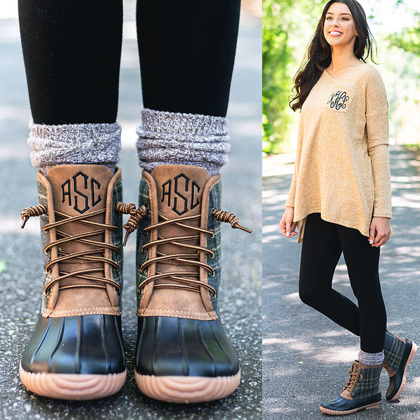 girl wearing leggings and monogrammed plaid duck boots with duck boot socks